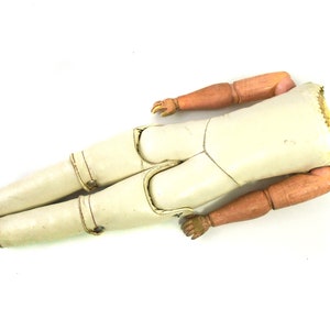 Antique German jointed waxed cloth doll body, small Faux Leather and wood body, 16&quot; tall, circa 1910 Germany, used for German dolls