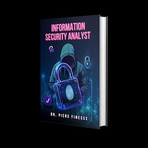 May include: A book titled "INFORMATION SECURITY ANALYST" with a graphic of a hooded figure holding a glowing padlock with a fingerprint. The cover has a dark blue background with neon blue and pink accents. The author's name, Dr. Piers Finesse, is at the bottom.