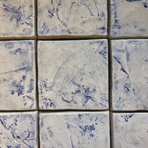 Blue and White 4" x 4" Handmade Textured Ceramic Relief Field Tiles Glazed