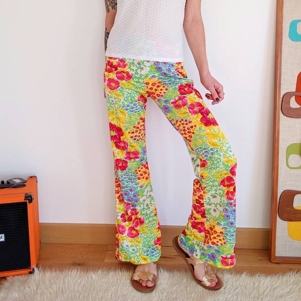 Pantalon floral multicolore, pantalon fluide pattes d'éléphant |  vintage des années 80