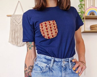 Marineblauw katoenen T-shirt met fleecezak met ikatpatroon | vintage jaren 90