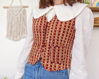 Gewatteerd vest in gaas katoen patroon ikat, vest print floral hippie boho folk deadstock vest | vintage uit de jaren &#39;70