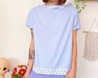Light blue handmade cotton blouse, shirt with lace | vintage 70s