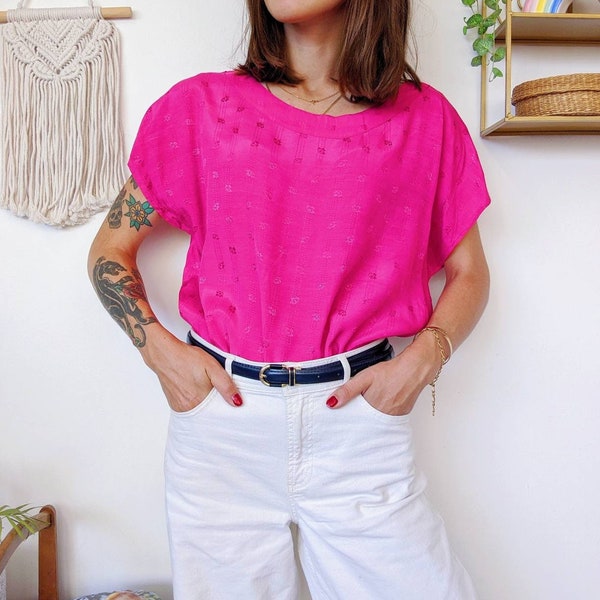 Blouse rose coupe chauve-souris, chemise manches courtes fushia | vintage des années 80