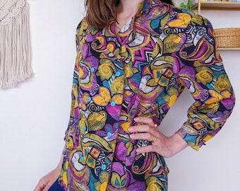 Multicolored purple and yellow blouse, puff shoulder shirt | vintage 80s