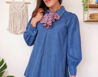 Blue tunic in handmade wool, long blouse with long sleeves | vintage from the 70s