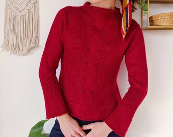 Burgundy braided knit sweater, funnel neck knit sweater | 70s vintage