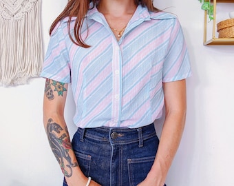 Pastel pink and blue shirt, striped blouse with wide lapel collar, button closure on the front | vintage 80s