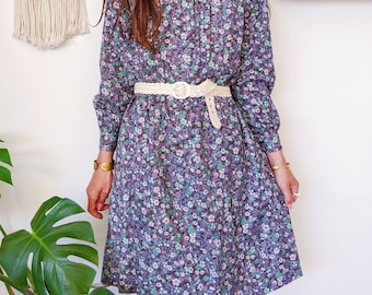 Robe fleurie bleue et violette à manches longues | vintage des années 70