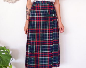 Plaid pleated wrap skirt, green and red tartan skirt | 70s vintage