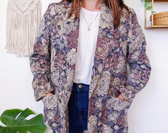 Blazer en trame canevas avec grosses fleurs et plantes | vintage des années 80