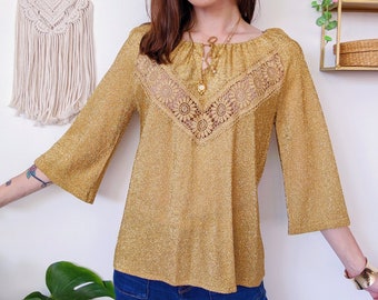 Golden blouse with lace, gold-colored top with long flared sleeves | vintage 70s