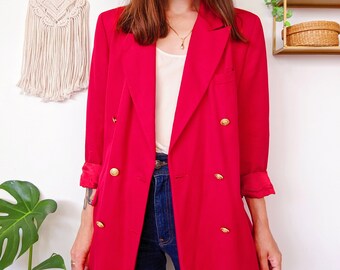 Blazer rouge framboise Marc et Spencer, veste longue avec boutons dorés | vintage des années 90