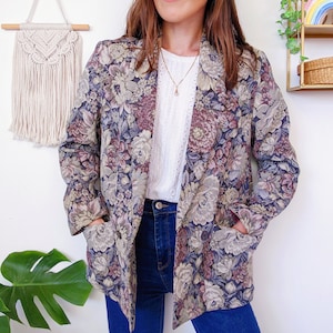 Blazer en trame canevas avec grosses fleurs et plantes vintage des années 80 image 1