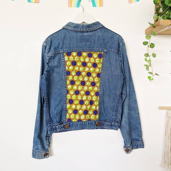 Veste en jean avec empiècement de wax dans le dos vintage des années 90 unisexe pour enfant