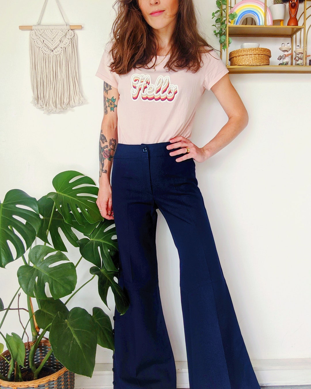 Navy Blue Flare Bell Bottom Pants, High Waisted Wool Pants Vintage 70s 