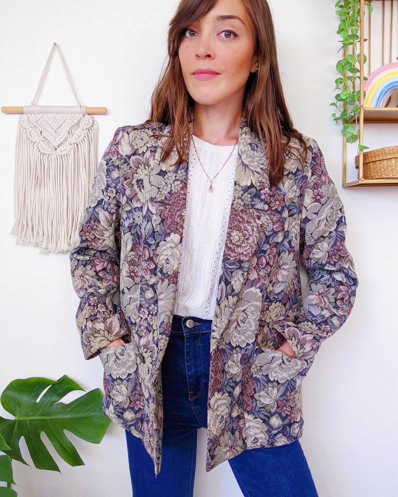 Blazer en trame canevas avec grosses fleurs et plantes vintage des années 80 image 1