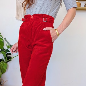 Red corduroy pants, adjustable high waist velvet jeans | vintage 80s
