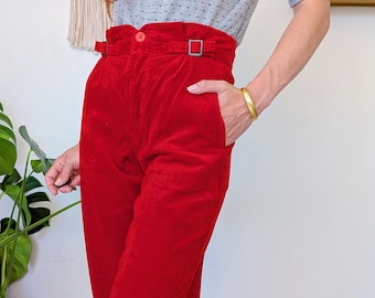 Red corduroy pants, adjustable high waist velvet jeans | vintage 80s