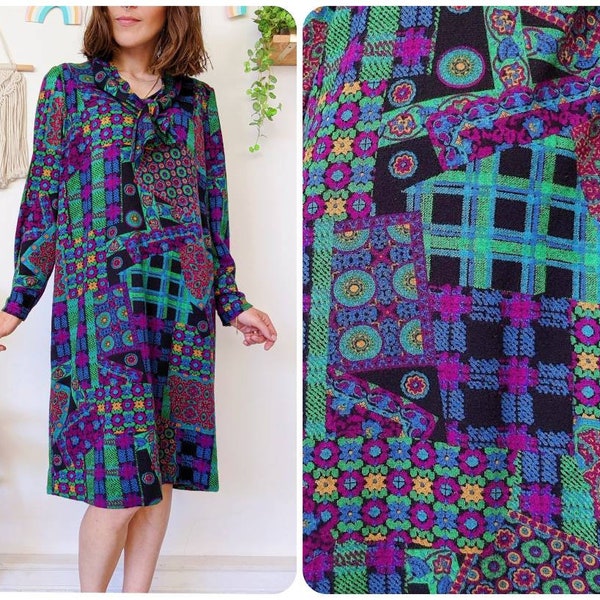 Robe en laine verte et violette à manches longues  | vintage des années 80