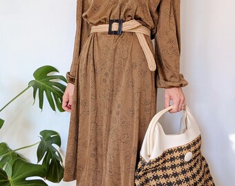 Brown floral print long sleeve maxi dress | vintage 70s