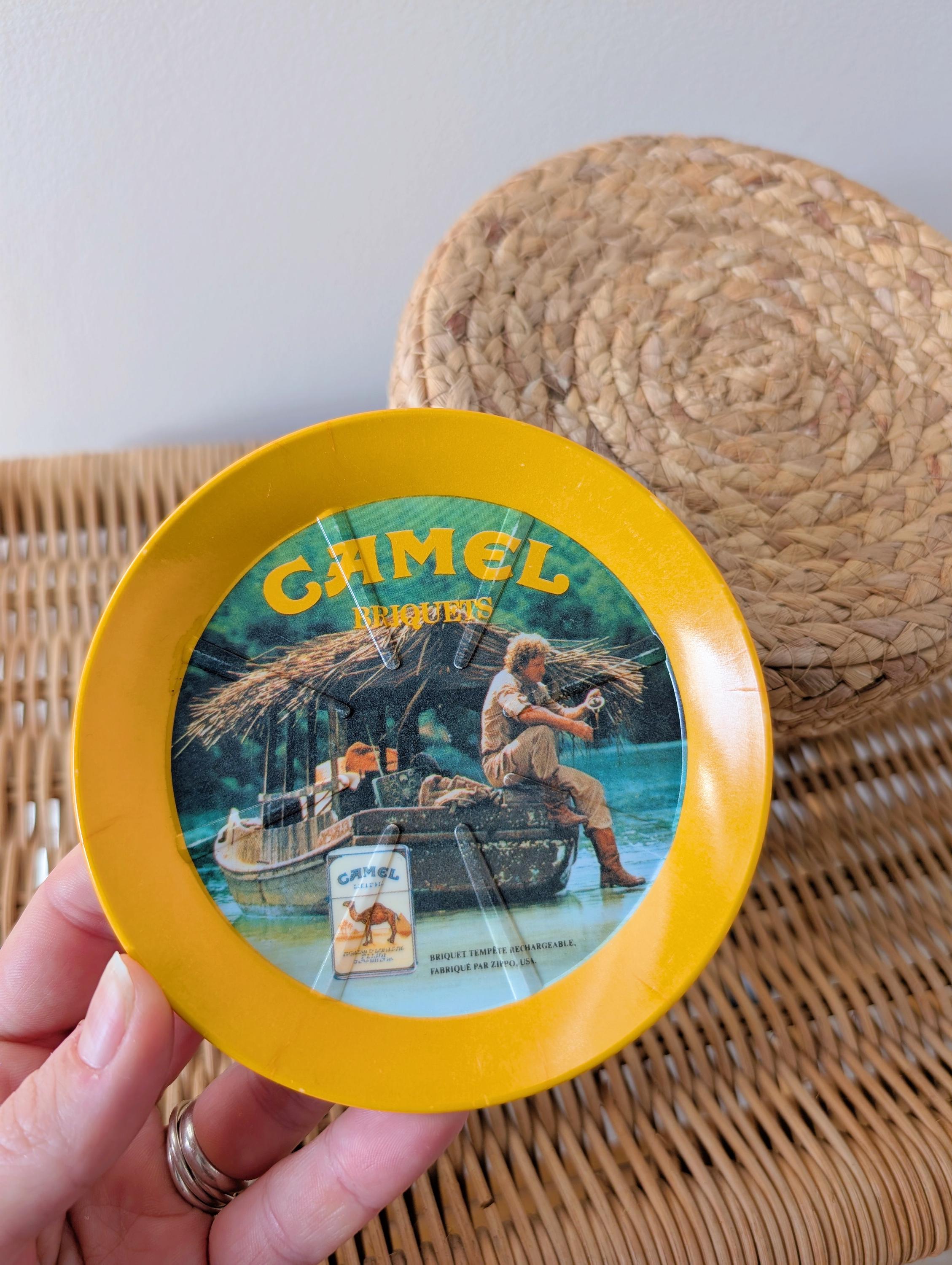 Vintage 1980s | Yellow and Green Camel Ashtray, Camel Briquets X