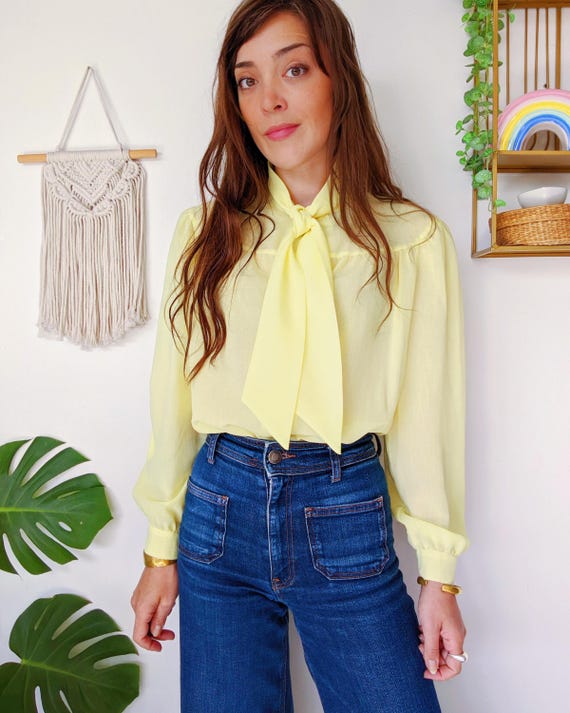Yellow Blouse With Tie Collar, Long Sleeve Puff Shoulder