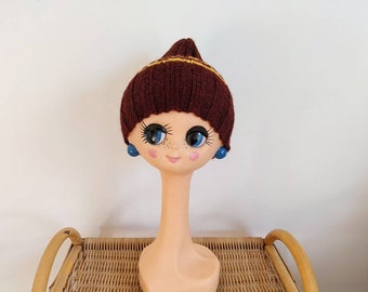 Vintage 1970 | bonnet en laine marron et jaune, bonnet chaud hiver unisexe