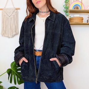 Black split leather jacket, mid-season short coat | vintage 90s