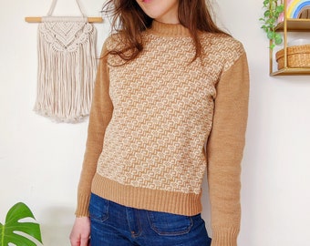 Pull en acrylique beige géométrique pour femme vintage des années 70