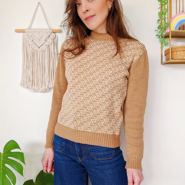 Pull en acrylique beige géométrique pour femme vintage des années 70