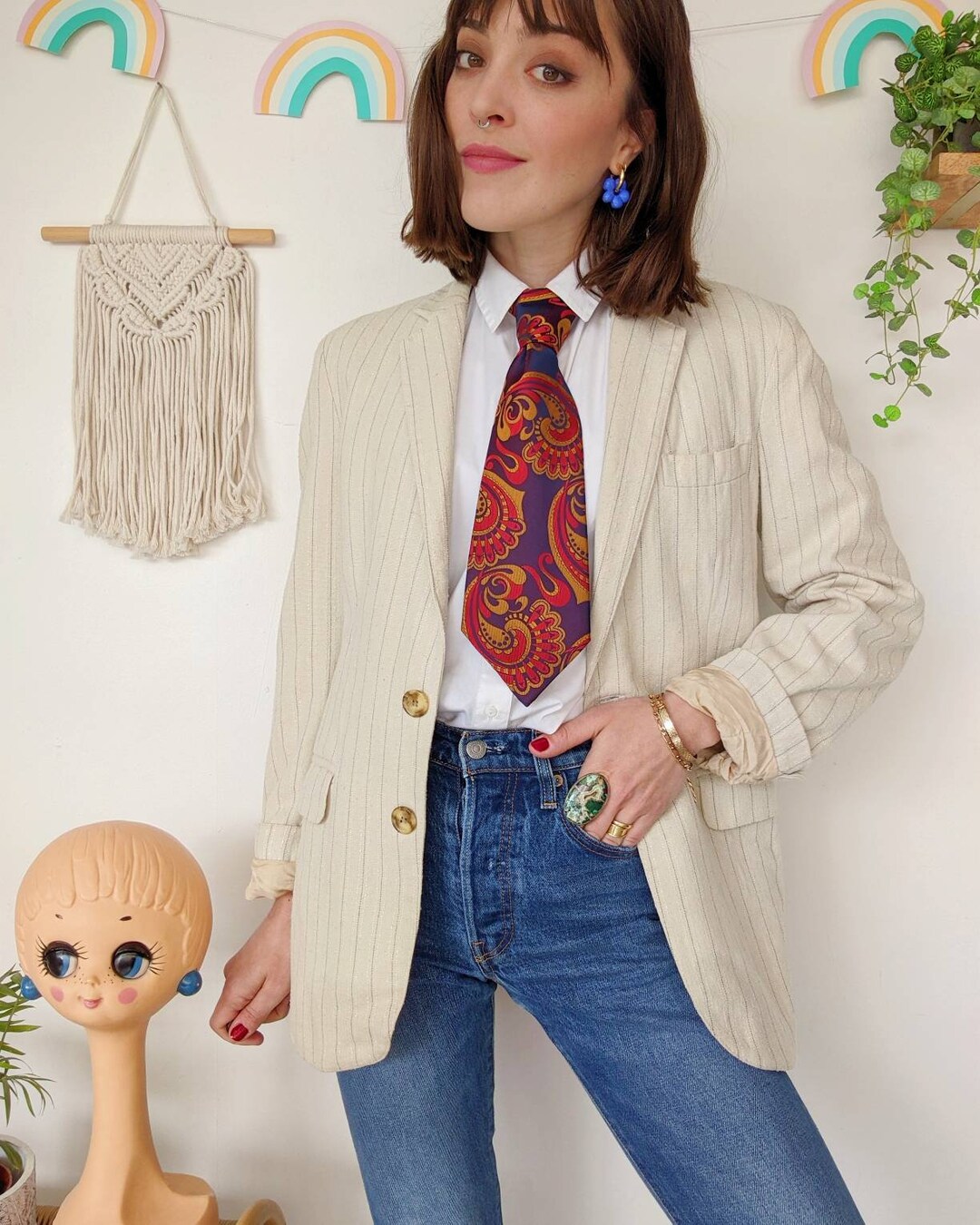 Beige Cotton Blazer With Fine Vintage Stripes From the 70s Etsy