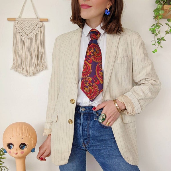 Blazer en coton beige avec fines rayures vintage des années 70