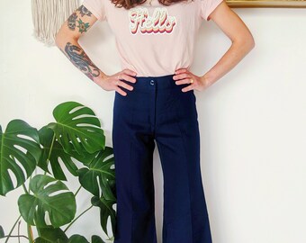 Navy Blue Flare Bell Bottom Pants, High Waisted Wool Pants
