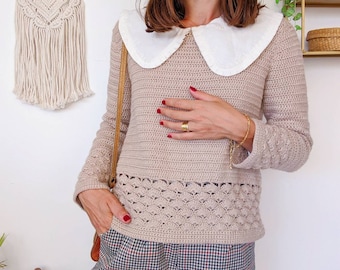 Pull beige en maille de coton, chandail en tricot fait-main | vintage des années 70