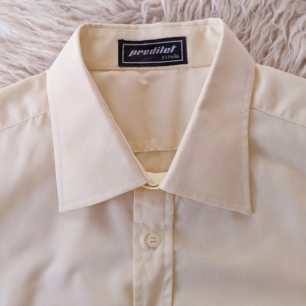 Chemise beige à manches longues, chemise unisexe à col italien | vintage des années 70