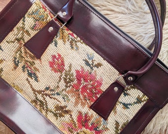 Vintage 1970 | Grand sac à main bordeaux avec canevas motif floral sur les deux faces
