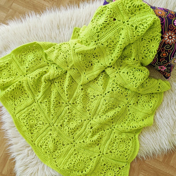 Vintage 1970 | apple green granny square blanket, handmade crochet knit cotton bedspread