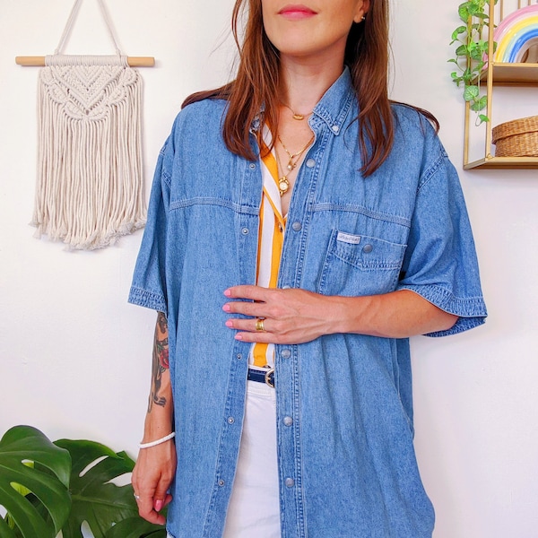 Chemise longue oversize en jean denim clair, blouse unisexe en coton à manches mi-longues | vintage des années 90