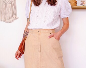 Beige Denim Skirt, Cotton Midi Skirt | Vintage 90s - Etsy