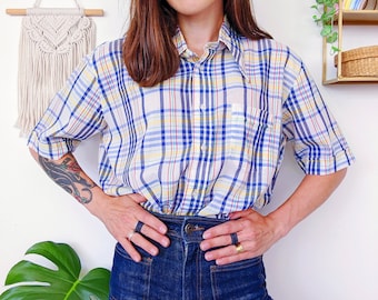 Blue and yellow checkered dagger collar shirt, unisex short sleeve blouse | vintage 70s