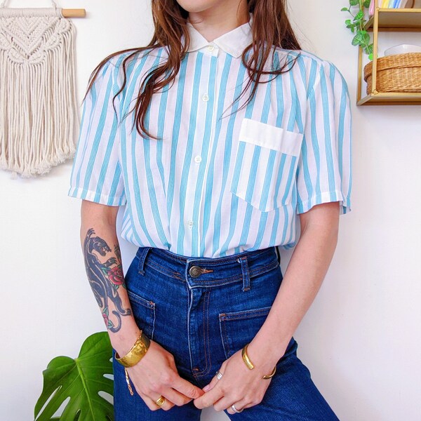 Turquoise blue and white cotton blend shirt, striped shirt with short sleeves and puff shoulders | vintage 80s