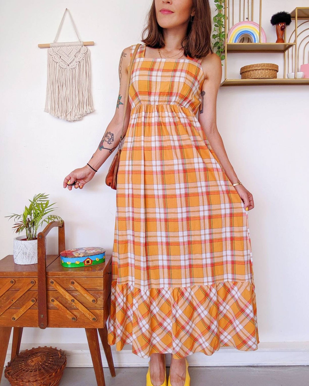 orange and white plaid dress Womens Plaid Maxi Dress Tie Straps Smocked Elastic Tops Tiered Flowy  Gingham Bohemian Casual Summer Sexy Sun Dresses