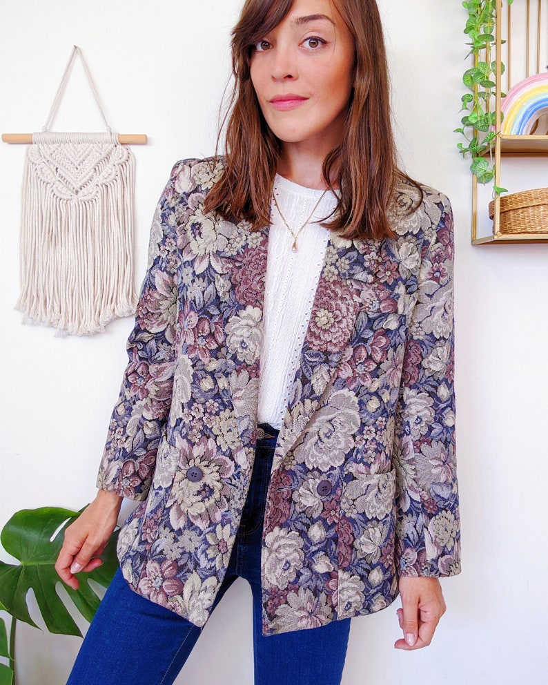 Blazer en trame canevas avec grosses fleurs et plantes vintage des années 80 image 6