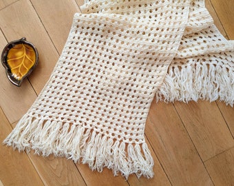 Vintage 1970 | écharpe très longue en maille crochet tricot beige fait-main