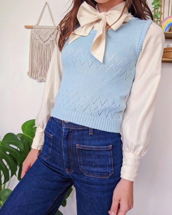 Light blue knitted sweater, sleeveless cotton ove… - image 5