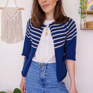 Blue and white striped cardigan in sailor style, Le Mont Saint Michel short-sleeved cardigan | 90s vintage