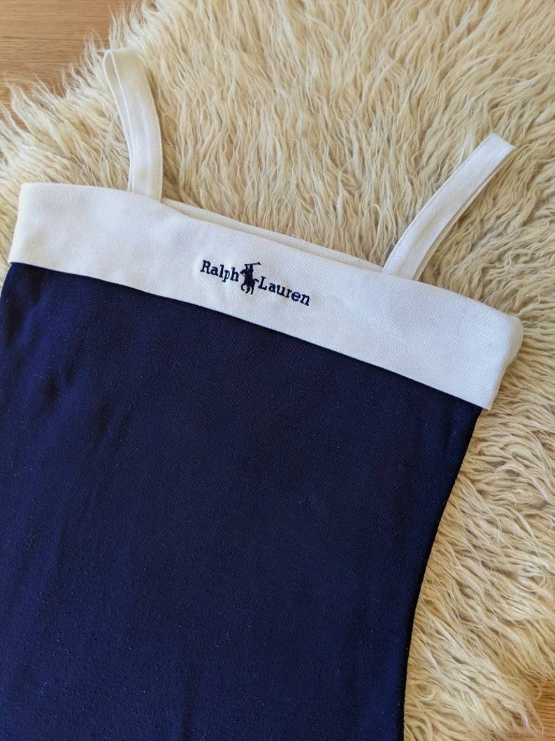 Robe mini Ralph Lauren en coton bleu marine et blanc, robe sans manche à bretelles vintage des années 00 zdjęcie 8