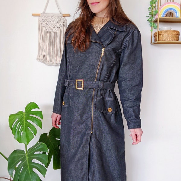 Trench long Guy Laroche Jeans, manteau long près du corps avec fermeture éclair et boutons dorés | vintage des années 90