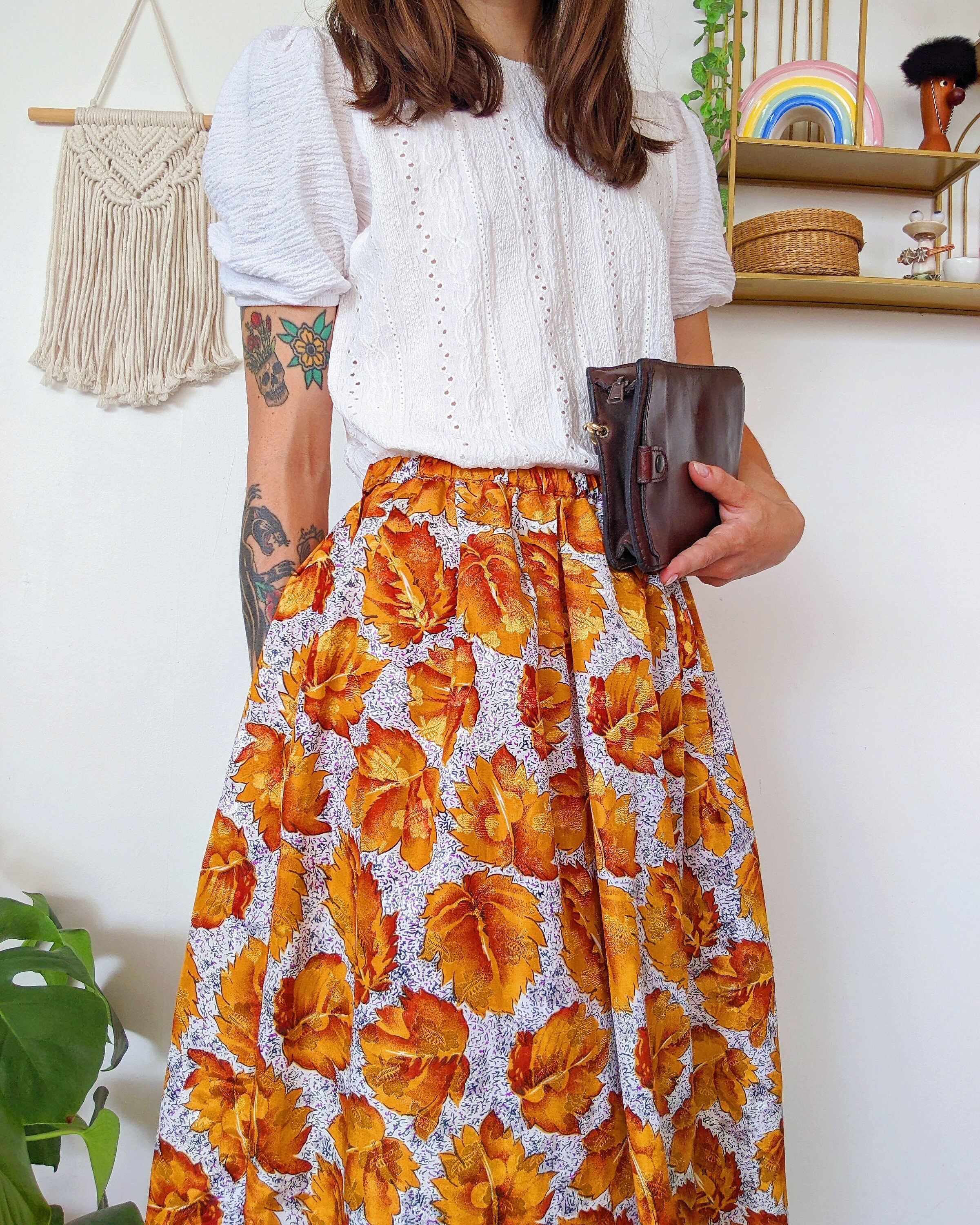 【送料&関税込】Off-White Skirt In Orange Viscose White Midi Skirt With Orange Flowers, Satin Flowing Skirt